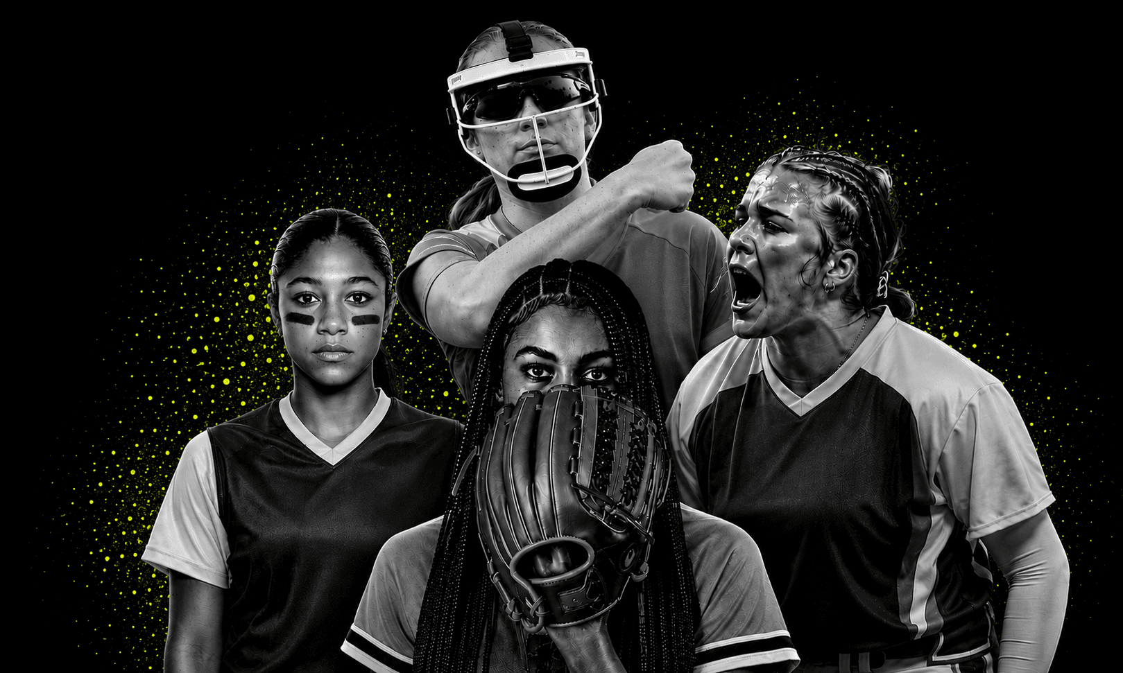 Four fastpitch softball players in black and white over heat-green accent slashes
